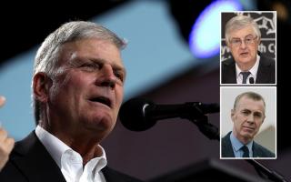 US preacher Franklin Graham (main) will speak at Newport's ICC on May 21, an event criticised by Mark Drakeford (inset, top) and Plaid Cymru leader Adam Price. Pictures: PA Wire/Huw Evans Picture Agency/Plaid Cymru