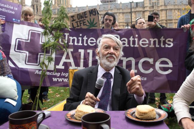 Labour MP Paul Flynn speaks at a cannabis tea party outside London's Houses of Parliament in October 2017