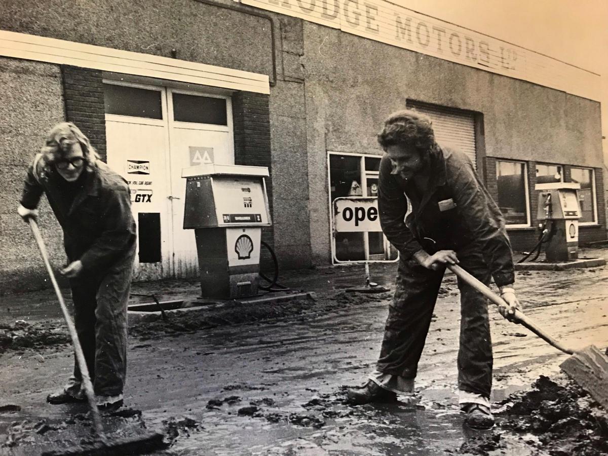 Malcomn Hodge Motors of Pontnewynydd were deluged with flood water in 1979