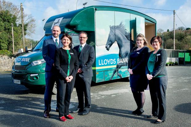 Lloyds Bank Mobile Branch Van, St Austell. L-r Andrew Hassall, Lloyds Bank Regional Director for Wales and West Carys Williams, St Austell Bank Manager Matthew Warren and staff  Claire Dormand and Emily Kent.
