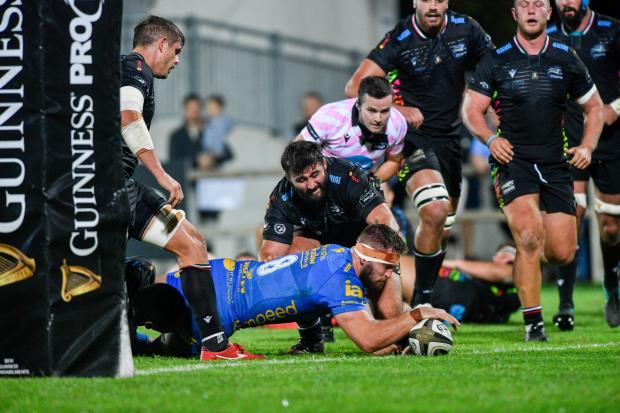 South Wales Argus: Harri Keddie powering over for a score at Zebre in 2019