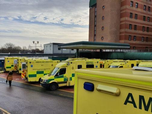 Ambulances - 10 are pictured - parked outside the Royal Gwent Hospital's emergency department yesterdat morning
