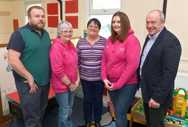 Golliwopsie Playgroup celebrate after fundraising and donations raised enough money to replace the heating system L-R Mark Jude (Pontypool Round Table) Jayne Normington, Margaret Haines, Donne Beale and Adrian Waters (AP Waters). christinsleyphotography.