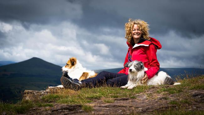 Kate Humble and her dogs at The Skirrid in Monmouthshire (Picture: Escape To The Farm, begins on Channel 5 on Tuesday 13 October at 9pm)