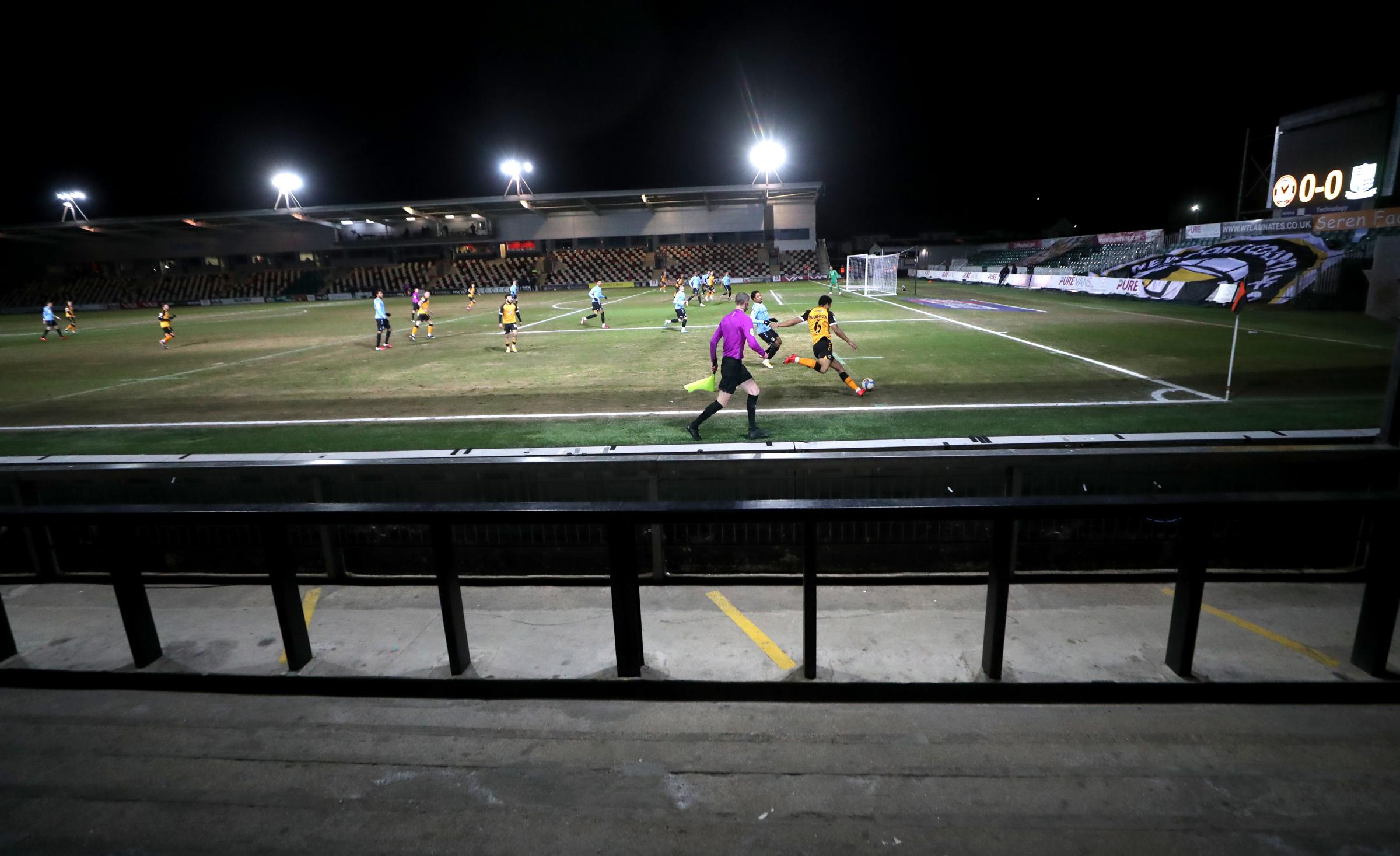 General view of the action between Newport County and Southend United in front of the empty stands during the Sky Bet League Two match at Rodney Parade, Newport. Picture date: Tuesday February 9, 2021.