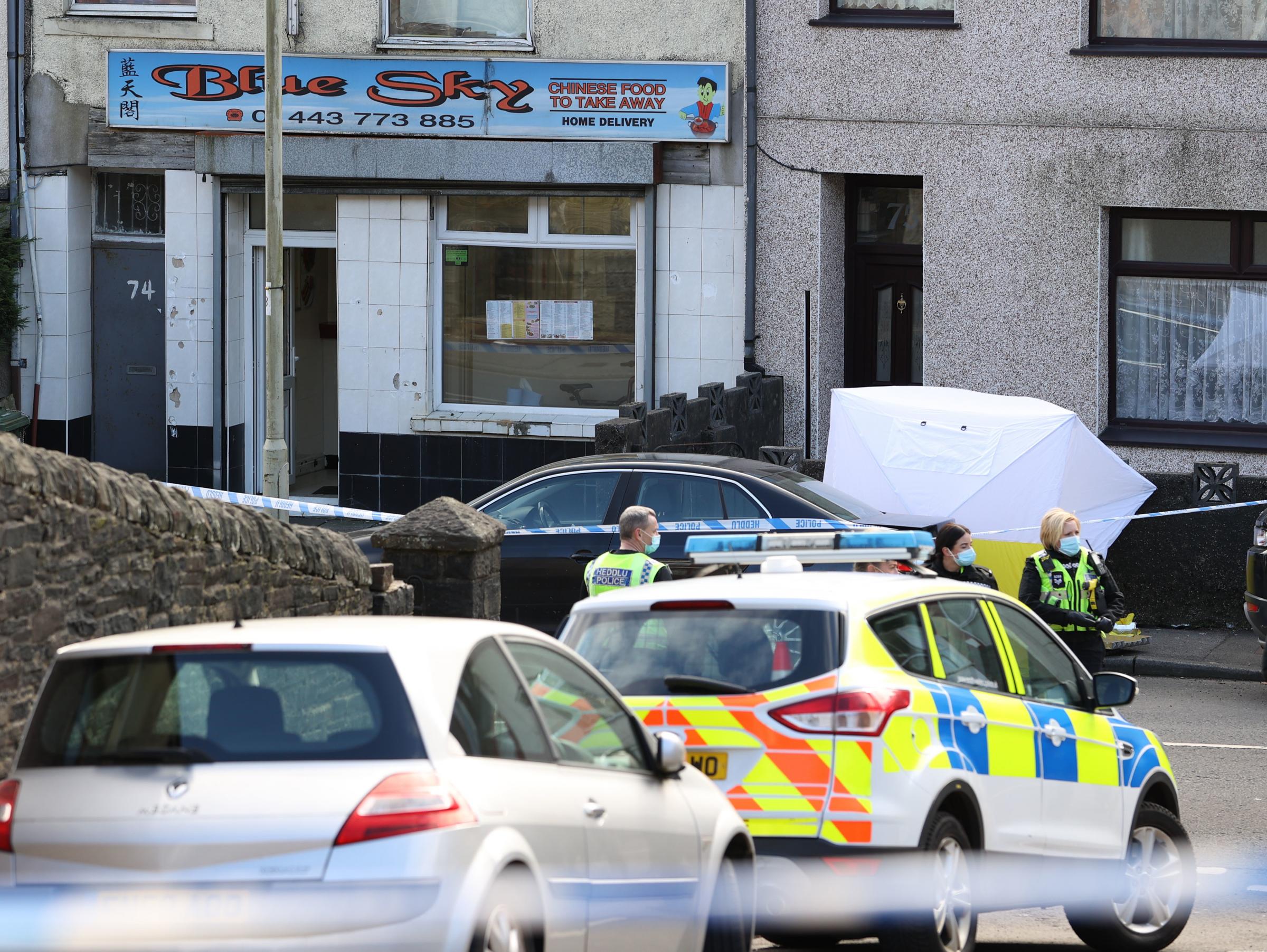 05.03.21 Police Incident, Rhonnda -The police cordon off an area at the scene of serious incident involving a number of casualties outside the Blue Sky takeaway on Baglan Street in Treorchy, Rhondda, South Wales. Huw Evans Picture Agency