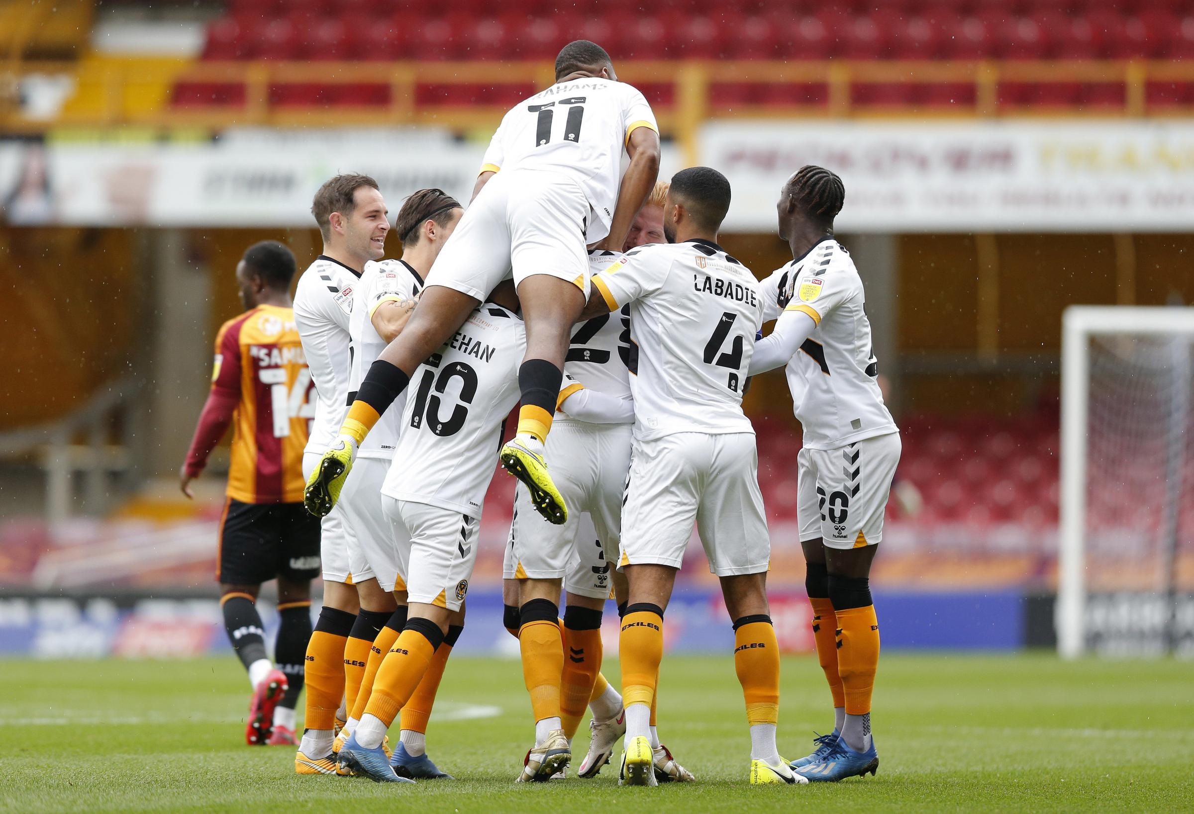 CELEBRATIONS: Newport County AFC went top of the table by thrashing Bradford City when playing superb football
