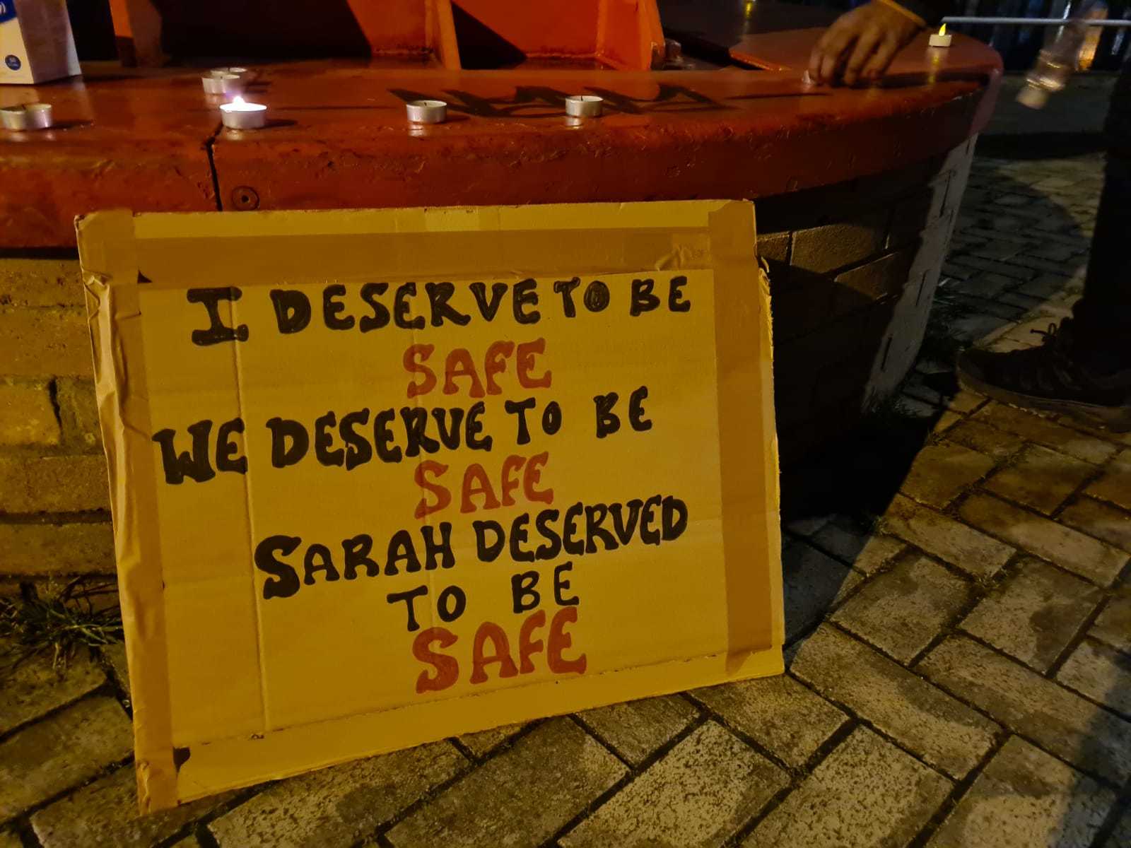 A sign at a vigil for Sarah Everard held in Newport, South Wales