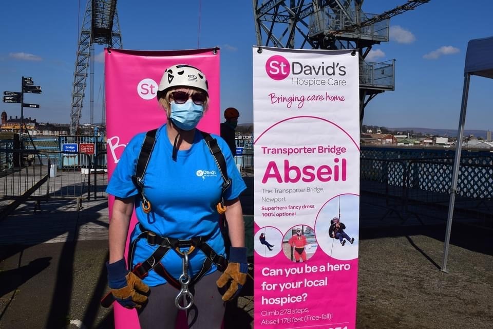 Liz Freeman abseiled down Newport Transporter Bridge to raise money for St Davids Hospice Care. Picture: Liz Freeman.