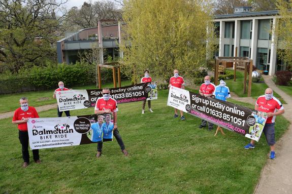 South Wales Argus: Well spotted: Dave Rees (front, second left) and The Acorn Dalmatian Bike Ride pack, gather at St David's Hospice Care, Malpas. Picture: DBPR South Wales Argus: Well spotted: Dave Rees (front, second left) and The Acorn Dalmatian Bike Ride pack, gather at St David's Hospice Care, Malpas. Picture: DBPR