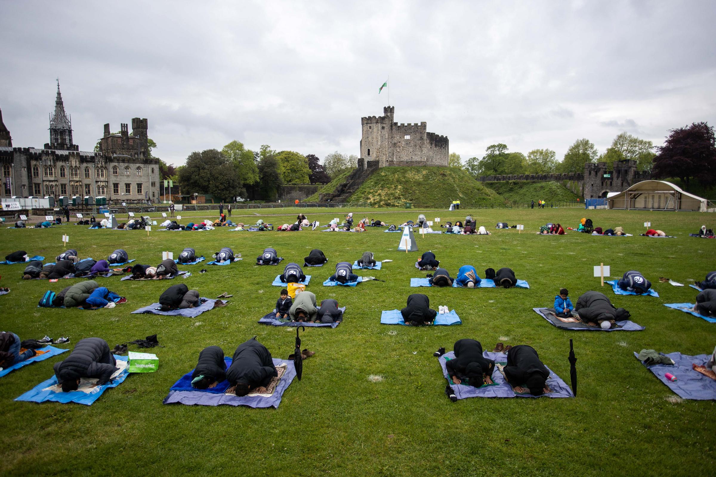 13.05.21 - Picture shows Eid-al-Fitr taking part at Cardiff Castle, Wales, which marks the end of Ramadan. The event is being used as a Welsh Government pilot scheme to have people attending events. 95 adults were in attendance, not including children