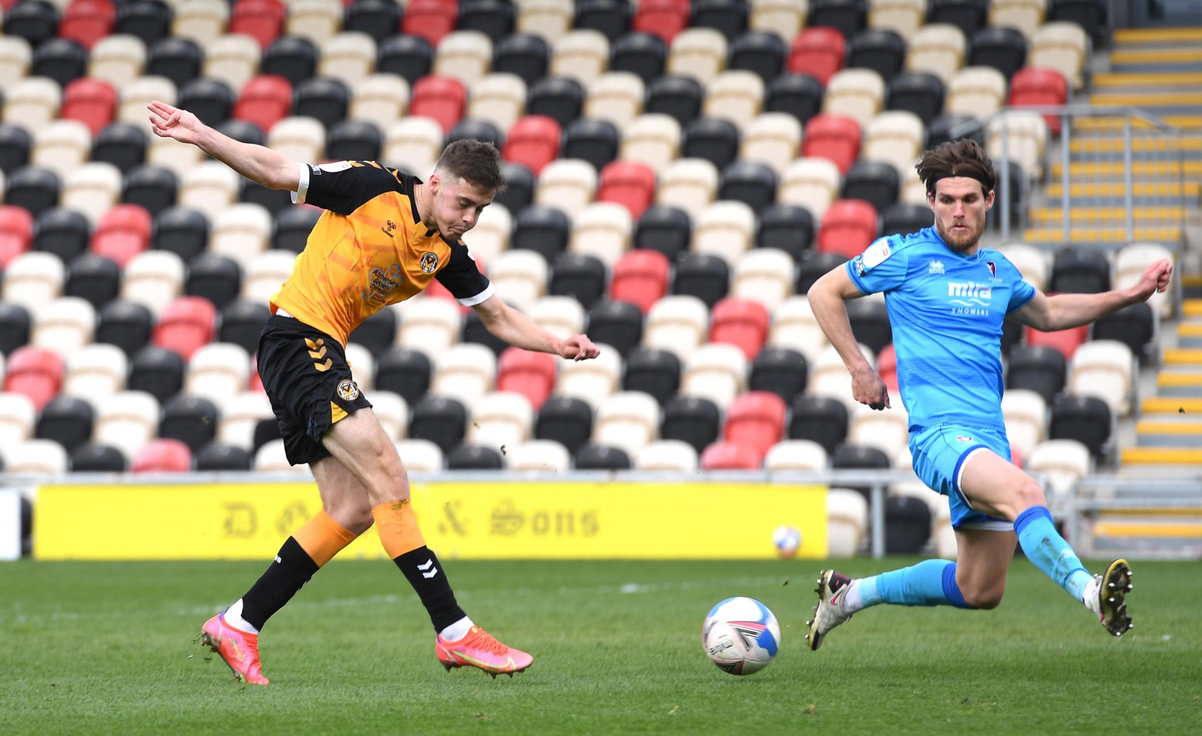 01.05.21 - Newport County v Cheltenham Town - SkyBet League 2 -.Lewis Collins of Newport County tries a shot at goal..