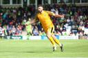 GOAL: Padraig Amond celebrates after putting Newport County 1-0 up at Forest Green Rovers in August