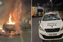 A car set alight and a damaged police car in Ely, Cardiff, as rioters clashed with police.