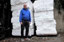 Graham Middleton with around a tonne of compacted polystyrene ready to be exported. Picture: Caerphilly Observer
