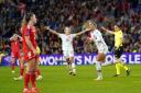 Denmark's Sanne Troelsgaard celebrates scoring their side's fourth goal against Wales