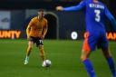 Shane McLoughlin lines up to score for Newport County in the FA Cup win over Oldham.