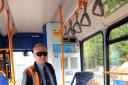 Stagecoach bus driver Carl Williams wears "sim-specs" that mimic the effects of glaucoma watched by Heather Oldfield who is blind (34291849)