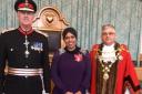 Shereen Williams MBE with Lord Lieutenant of Gwent Brigadier Robert Aitken CBE and Newport mayor Cllr David Fouweather