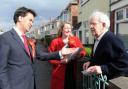 CAMPAIGN TRAIL: Jess Morden and Labour minister Ed Miliband on the campign trail in Newport chat with former steelworker Terry Tobin