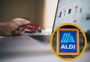 (background) person online shopping (Canva) (foreground) Aldi logo(PA)