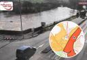 Traffic camera footage showing the swollen River Wye at Monmouth and, inset, a map showing a flood alert and warning for the town. Pictures: Traffic Wales (main)/NRW (inset)