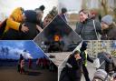 Scenes from Ukraine's borders, where thousands of people are fleeing an invading Russian force (inset). Pictures: AP Photo