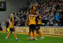 Newport County v Colchester United - FA Cup First Round - Aaron Lewis of Newport County celebrates after scoring a goal ©Huw Evans Picture Agency