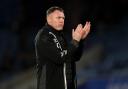 Newport County manager Graham Coughlan applauds the fans after the Carabao Cup third round match at the King Power Stadium, Leicester. Picture date: Tuesday November 8, 2022. Picture: Mike Egerton/PA Wire