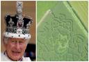Spot the difference: An image of King Charles III (left, or is it right?), has appeared on a field in South Wales. Picture: Andrew Milligan/PA Wire