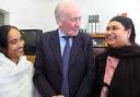 ELECTION TALK: Sir Menzies Campbell, leader of the Liberal Democrats talking to Nazma Hussain, left, chair of NBWA, and  its treasurer Jotsna Begum at the Bangladeshi community office in Newport