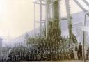 The Llanerch colliery disaster of 1890, where 176 men and boys died. This photograph shows the survivors of the disaster at the pithead.