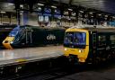 Great Western Railway trains in the their new livery at Paddington Station.