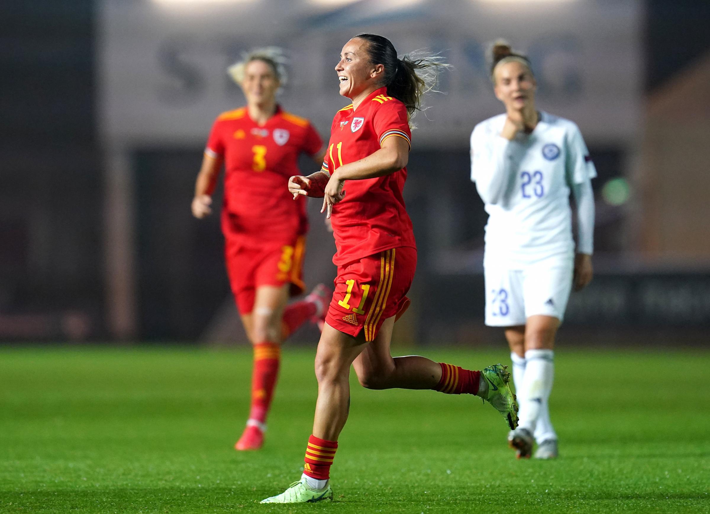 Wales Natasha Harding (centre) celebrates the second goal in Llanelli