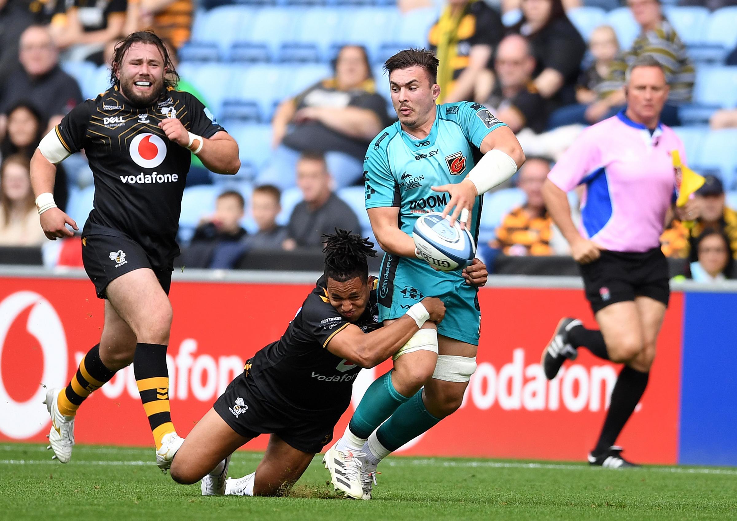 Taine Basham on the charge for the Dragons in the win against Wasps