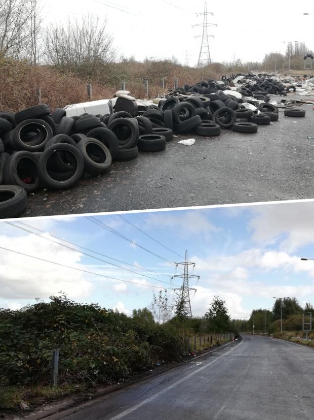 South Wales Argus: Then and now: Thousands of old tyres were dumped along the 'road to nowhere' but now it is clear. Pictures taken in March 2021 and October 2021