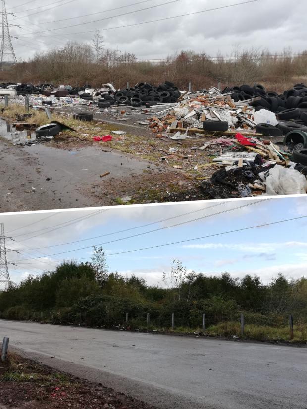 South Wales Argus: Then and now: Piles of household waste and tyres, but the same spot is now clear of fly-tipping. Pictures taken in March 2021 and October 2021.