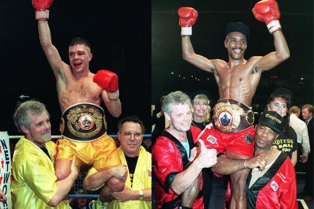 South Wales Argus: Dai Gardiner, on the left in both pictures, celebrates with fighters Robbie Regan (left) and Steve Robinson who is also held by co trainer Ronnie Rush (far right) Pictures: Huw Evans Agency