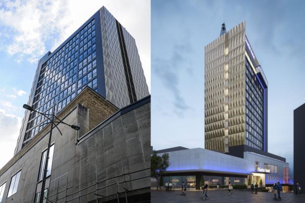 South Wales Argus: Chartist Tower today (left) vs how it could look once the hotel opens.