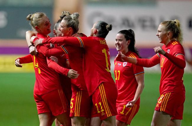 Wales Women’s Sophie Ingle (left) celebrates scoring the opening goal