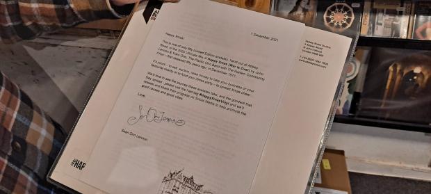 South Wales Argus: The letter written and signed by Sean Ono Lennon was inside the record sleeve.