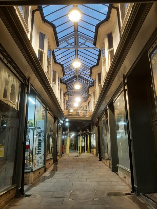 South Wales Argus: Scaffolding still remains at the High Street end of the arcade. (Picture: Neil Evans)