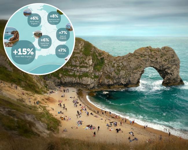 Durdle Door on the Jurassic Coast. Inset: Infographic of UK staycation spots. Credit: Parkdean Resorts