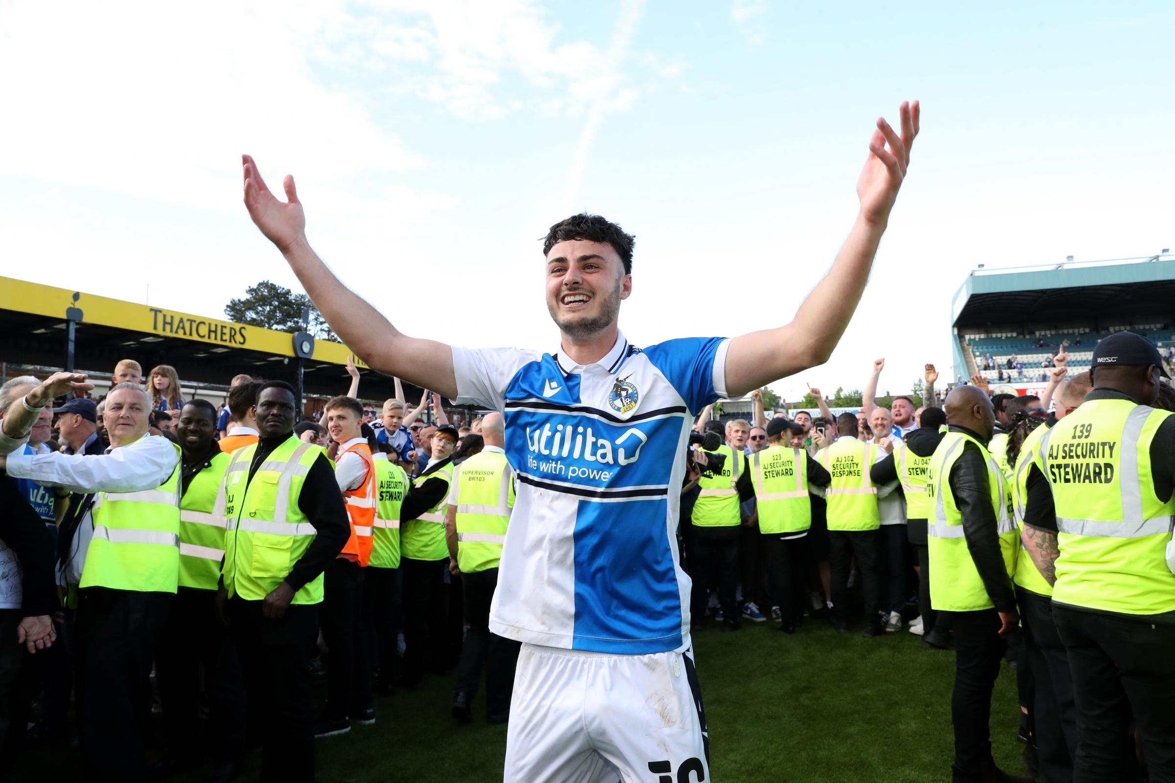 Bristol Rovers Aaron Collins celebrating promotion to the Sky Bet League One following the Sky Bet League Two match at the Memorial Stadium, Bristol. Picture date: Saturday May 7, 2022.