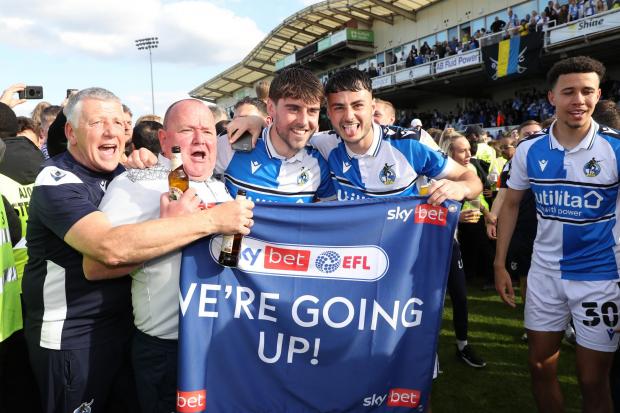 REMARKABLE: Bristol Rovers’ Aaron Collins and fans celebrating promotion to the Sky Bet League One
