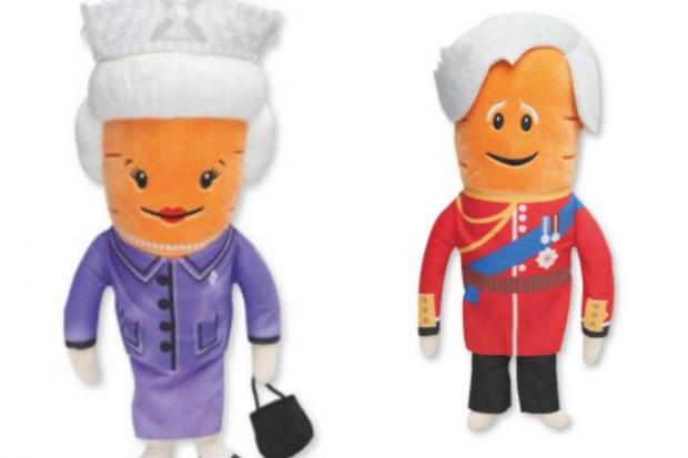 South Wales Argus: Kevin the Carrot toys: (right) the Queen and (left) Prince Charles (Aldi/Canva)