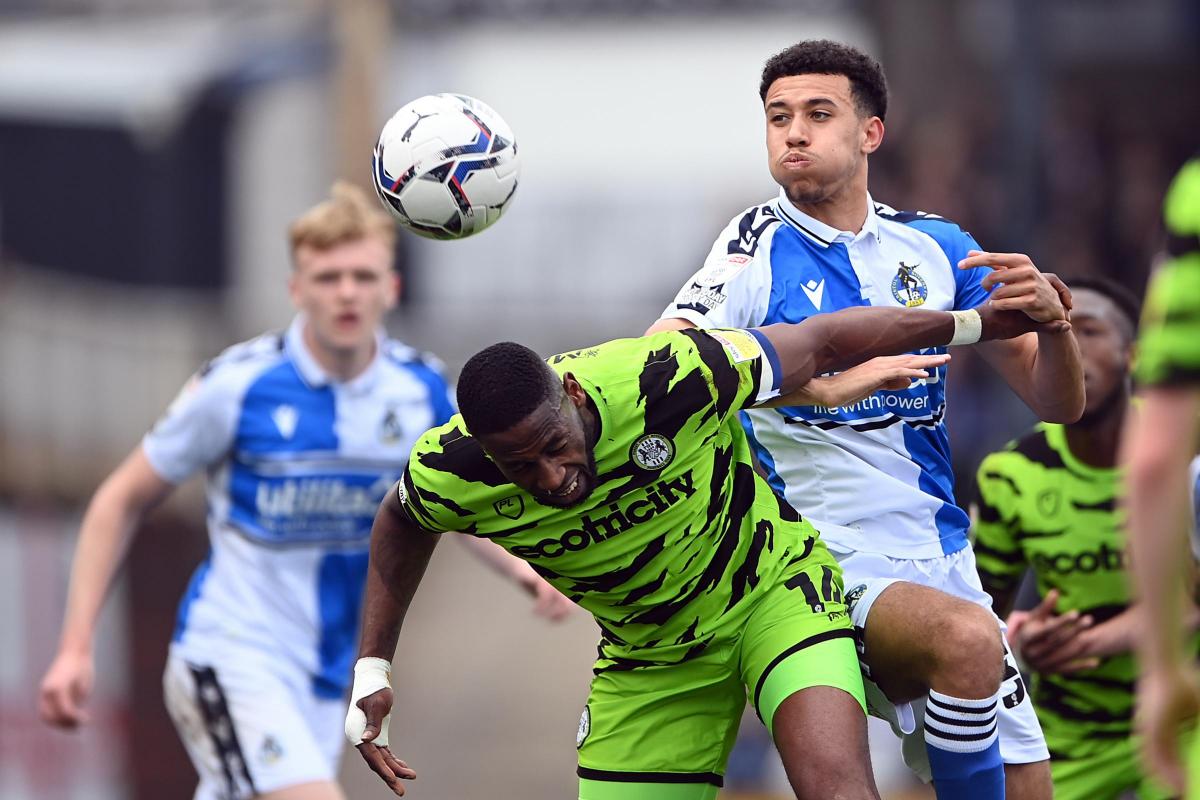 PROSPECT: Welsh defender Luca Hoole challenges Jamille Matt in Bristol Rovers’ clash with Forest Green