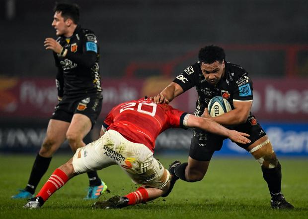 South Wales Argus: Dragons prop Aki Seiuli carrying the ball against Munster