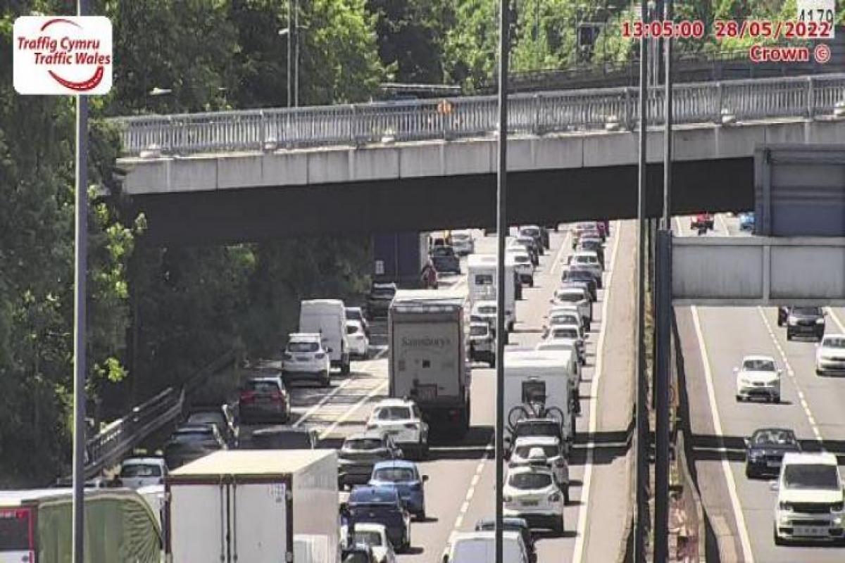 The M4 at junction 24 at the Coldra, eastbound, this afternoon. Picture: Traffic Wales