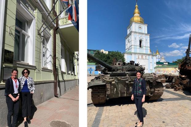 South Wales Argus: Above left Kate Davenport, (left), with the British Ambassador to Ukraine, Melinda Simmons, outside the British embassy in Kyiv and right standing next to a tank in the city which has been her home for four years. Pictures: Foreign, Commonwealth & Development Office